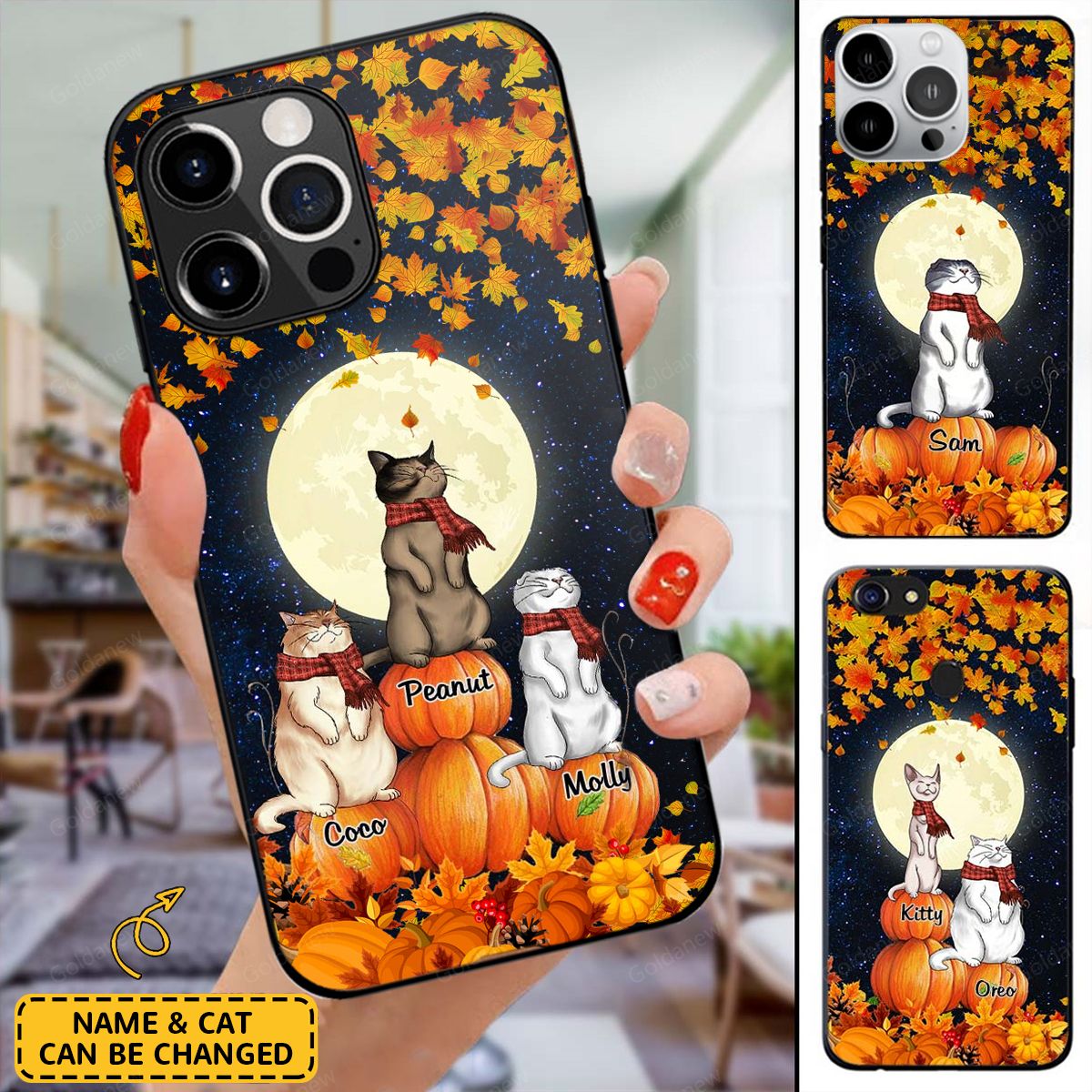 Personalized Fall Cat With Moon and Pumpkin Custom Gift For Cat Mom Phone Case