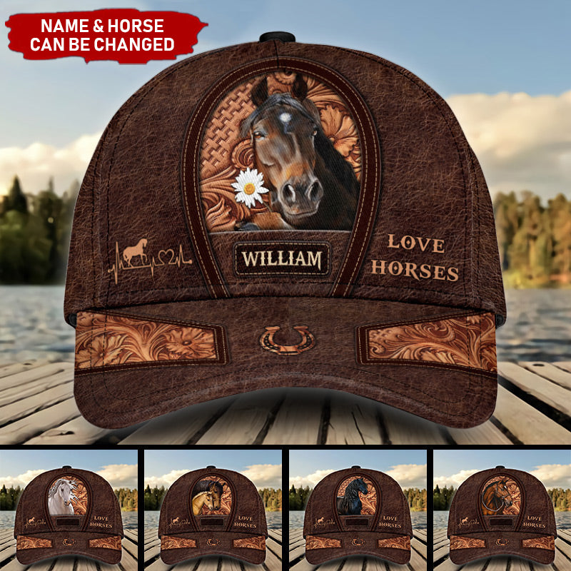 Love Horse Breeds Custom Name Hoofprint Leather Pattern Personalized Cap