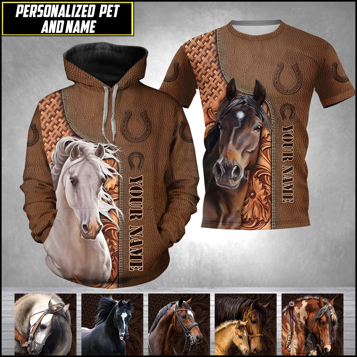 Personalized Leather Pattern Hoodie and T-Shirt-Love Horse Breeds Custom Name