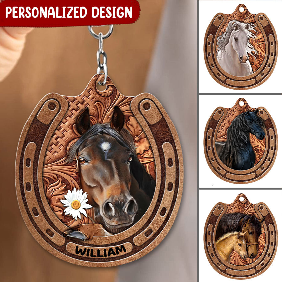 Love Horse Breeds Custom Name Leather Pattern Personalized Acrylic Keychain