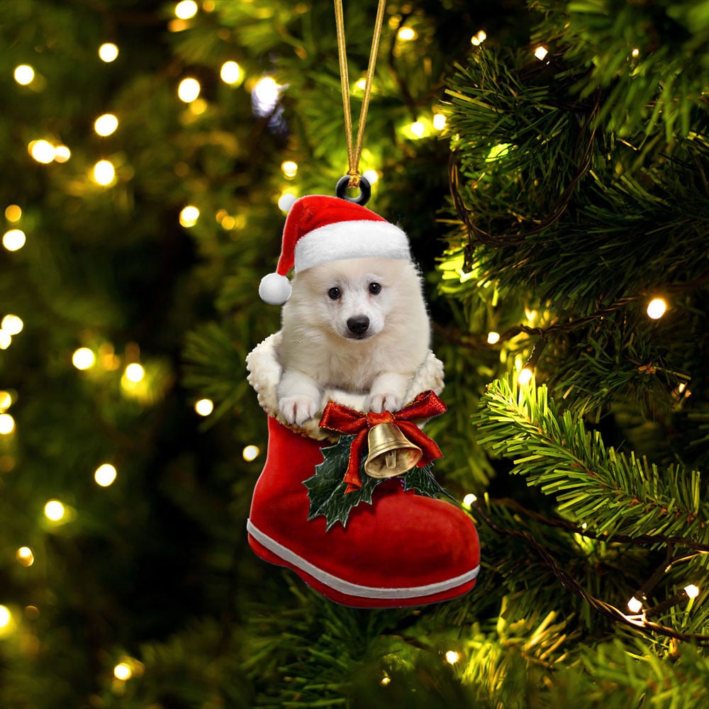American Eskimo-In Santa Boot Christmas-Two Sided Ornament