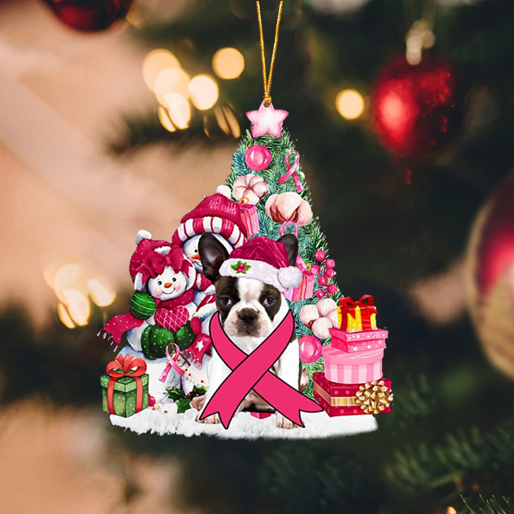 BRINDLE Boston Terrier-Christmas in Pink-Two Sided Ornament