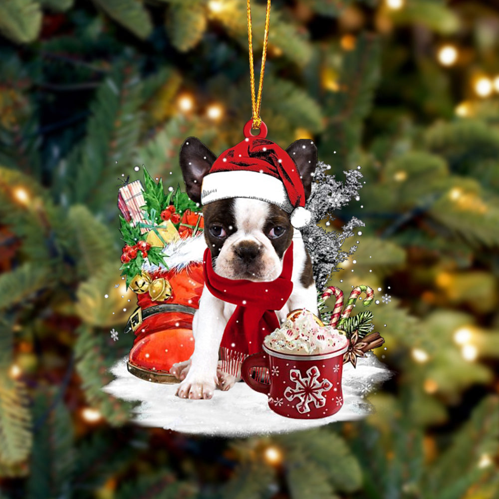 BRINDLE Boston Terrier-Winter Cup-Two Sided Ornament