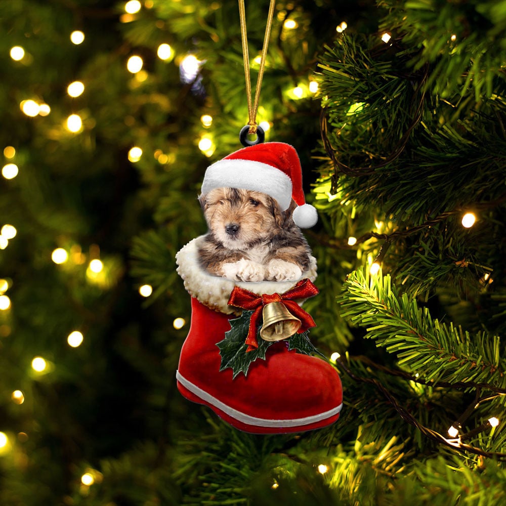 Bearded Collie-In Santa Boot Christmas-Two Sided Ornament