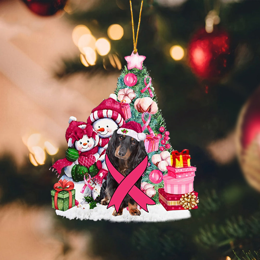 Black Long haired Dachshund-Christmas in Pink-Two Sided Ornament