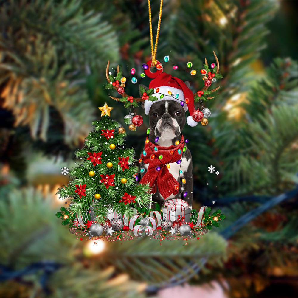 Boston Terrier-Reindeer Christmas-Two Sided Ornament