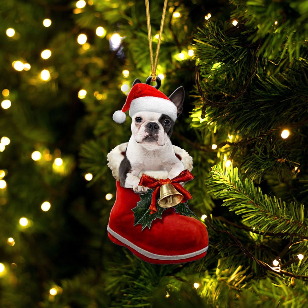 Boston Terrier-In Santa Boot Christmas-Two Sided Ornament