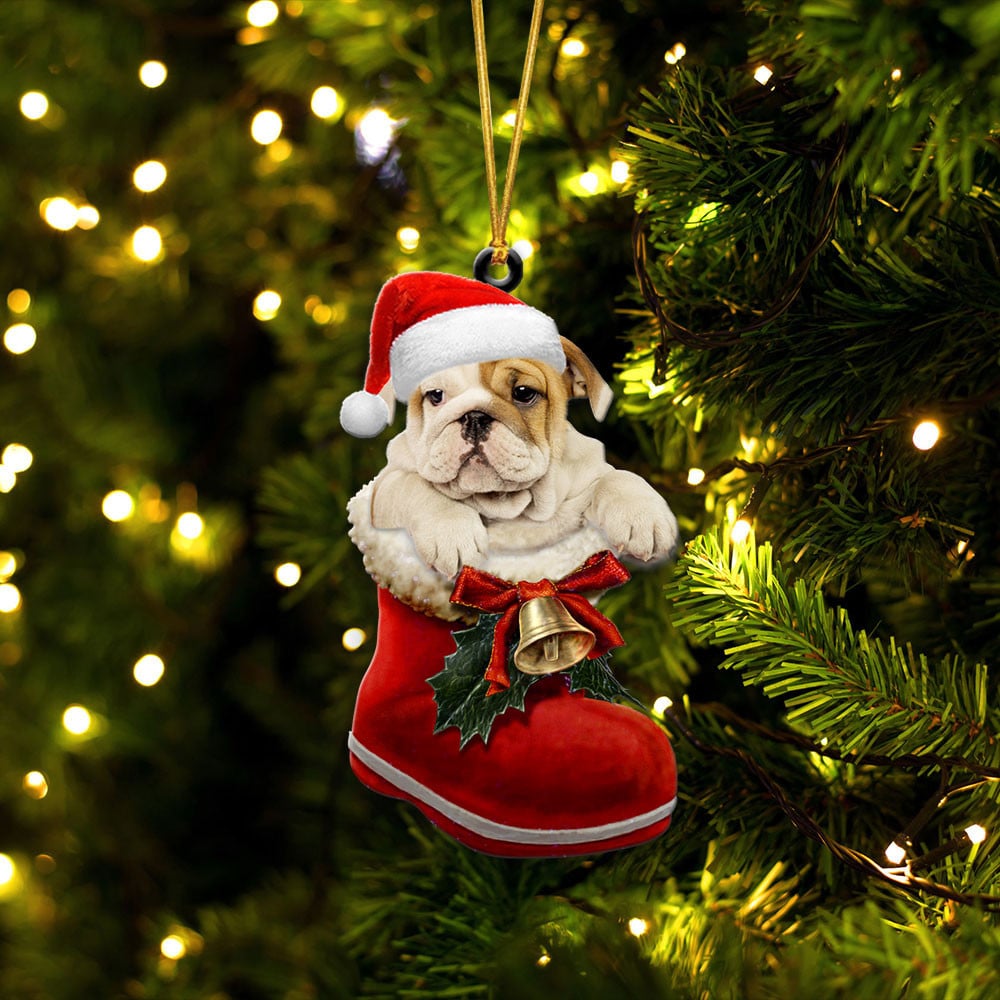 Bulldog-In Santa Boot Christmas-Two Sided Ornament