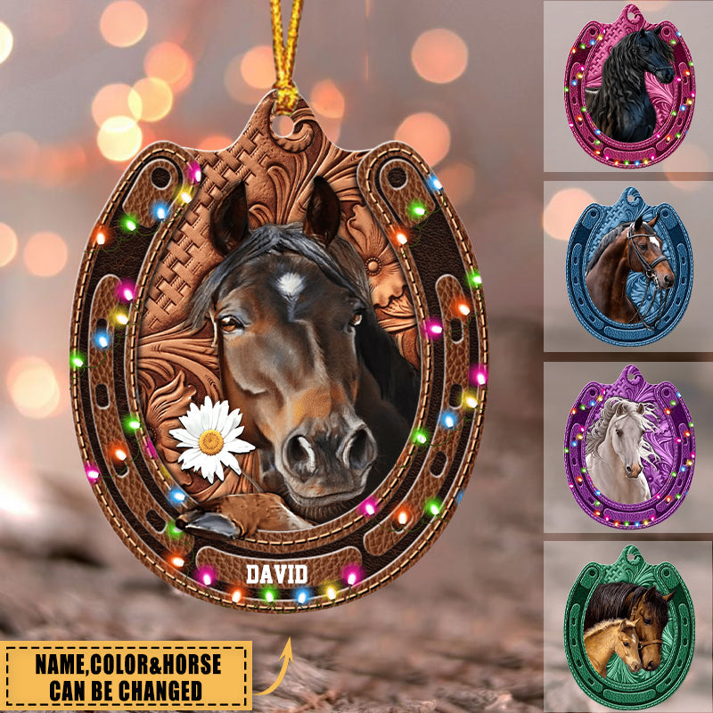Colorful Christmas Horse Breeds Custom Name Hoofprint Leather Pattern Personalized Ornament