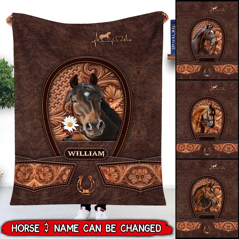 Love Horse Breeds Custom Name Hoofprint Leather Pattern personalized Blanket