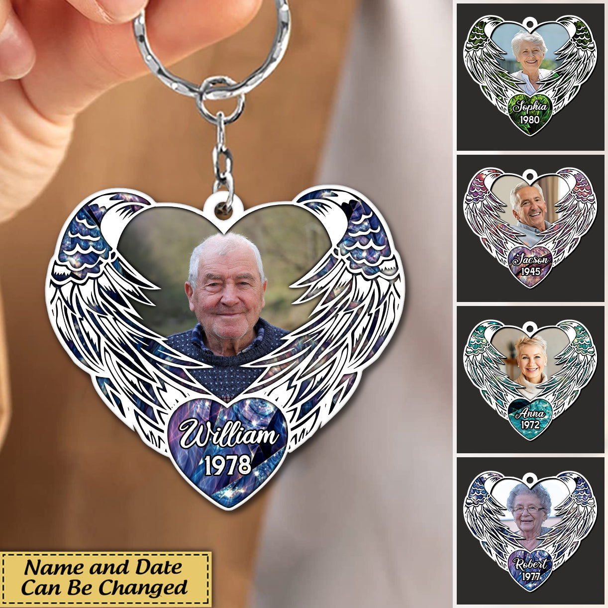 Personalized Photo Upload Image Angel Wings Family Friends Memorial Keychain
