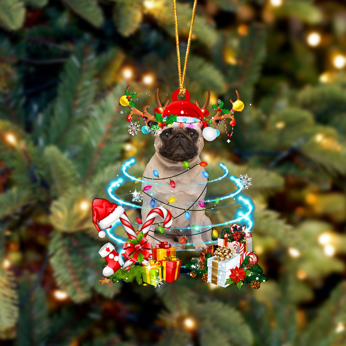 Pug 2-Christmas Candy&Gift-Two Sided Ornament