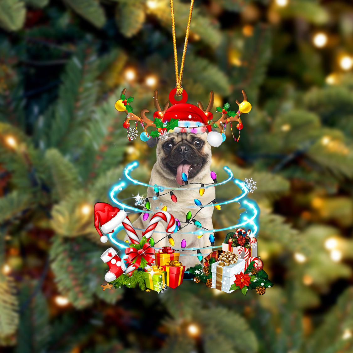 Pug3-Christmas Candy&Gift-Two Sided Ornament