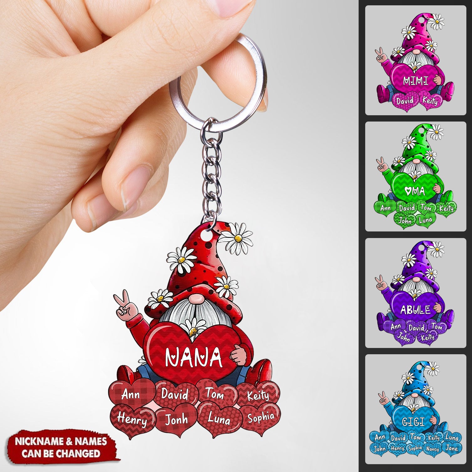 Colorful Grandma/Mom Gnome Loves Sweet Heart Kids Custom Keychain