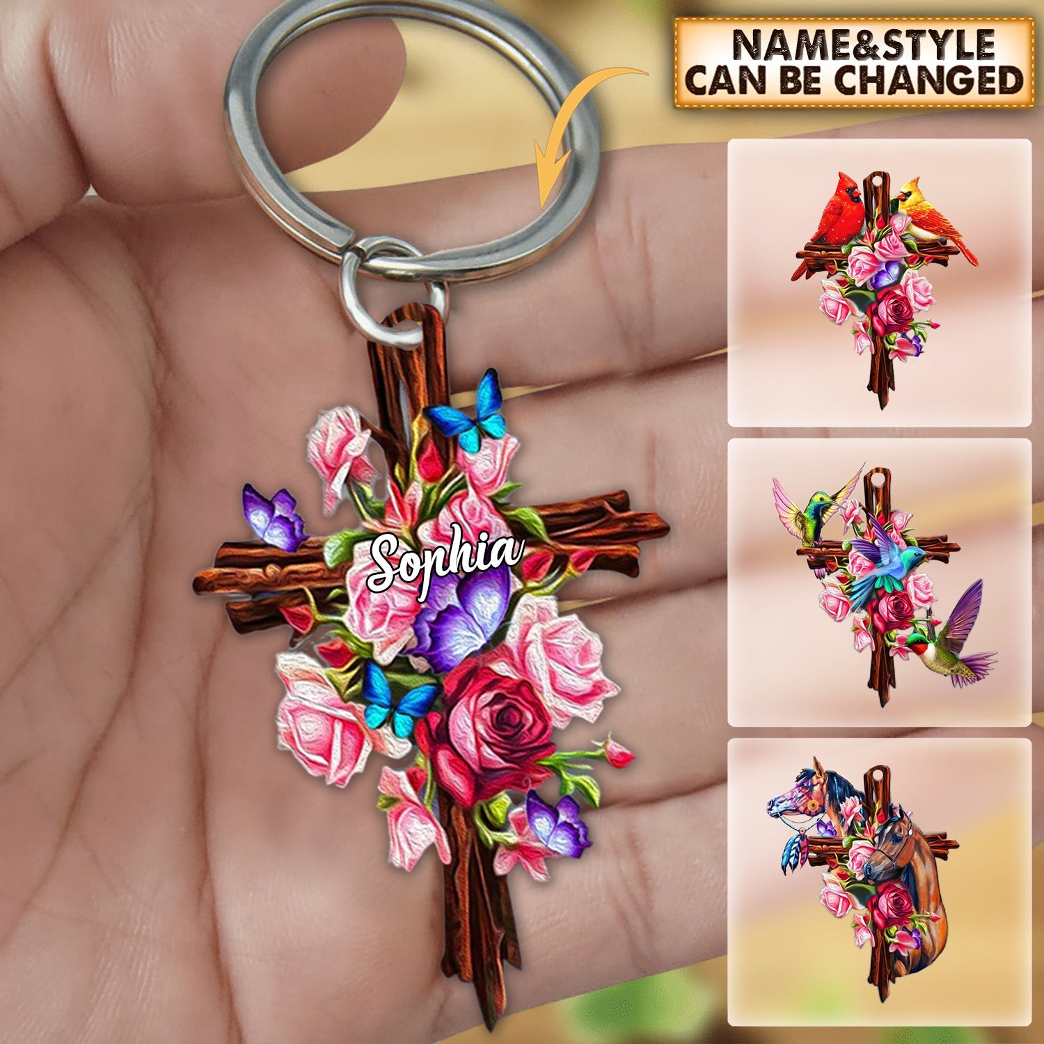 Personalized Roses and Jesus Cross Keychain