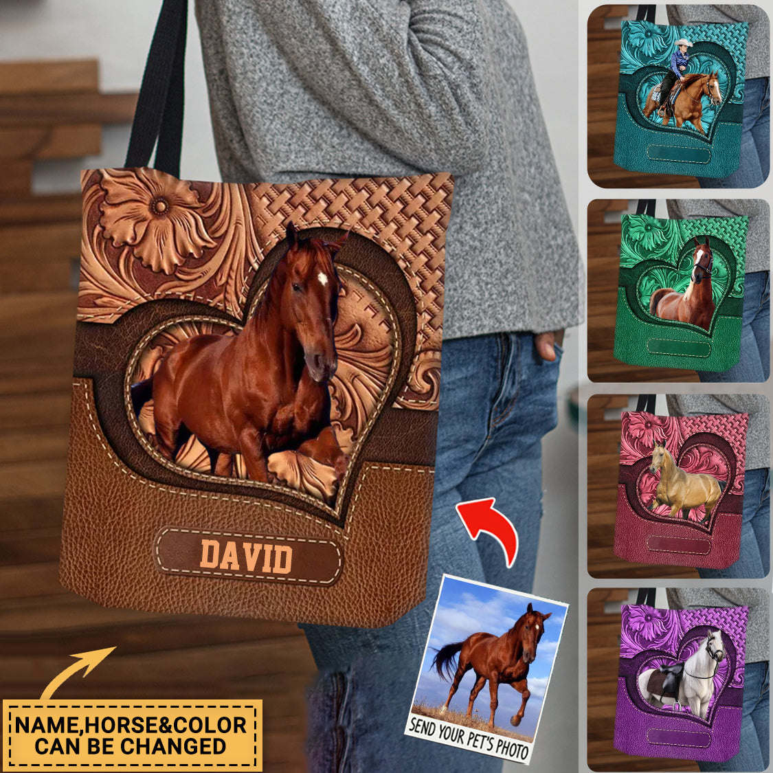 Love Horse Breeds Custom Name Hoofprint Leather Pattern Personalized Tote Bag