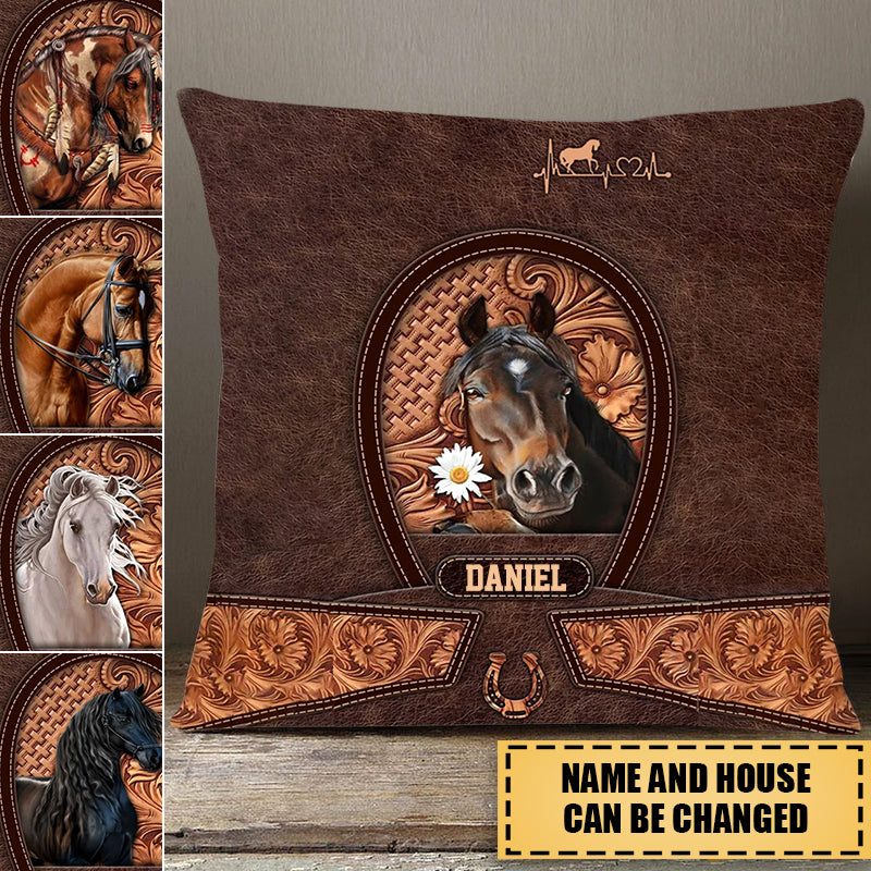 Love Horse Breeds Custom Name Hoofprint Leather Pattern personalized pillow